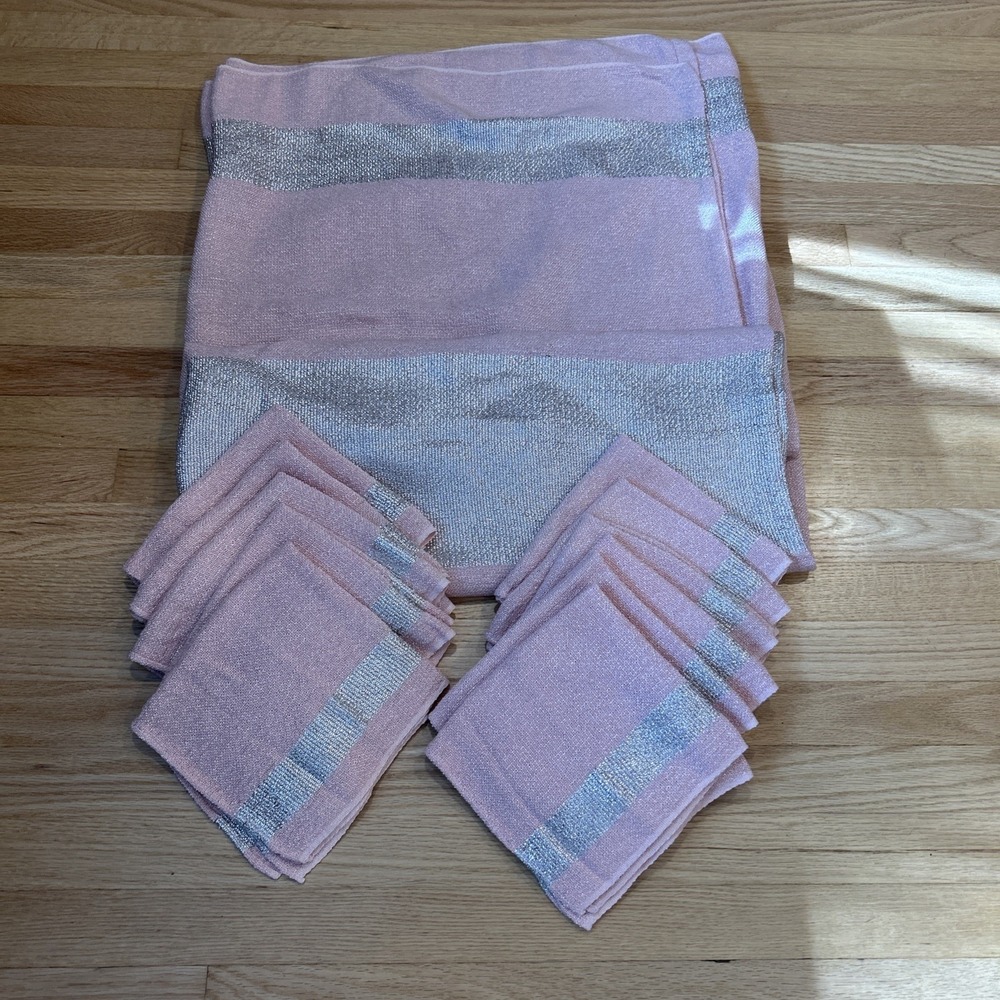 Vintage MCM Pink Woven Tablecloth 11 Napkins Set Metallic Silver Stripe 93x64